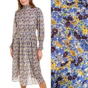 Avantlook Sheer Ruffle Mock Neck Purple Floral Long Puff Sleeve Midi Dress Small